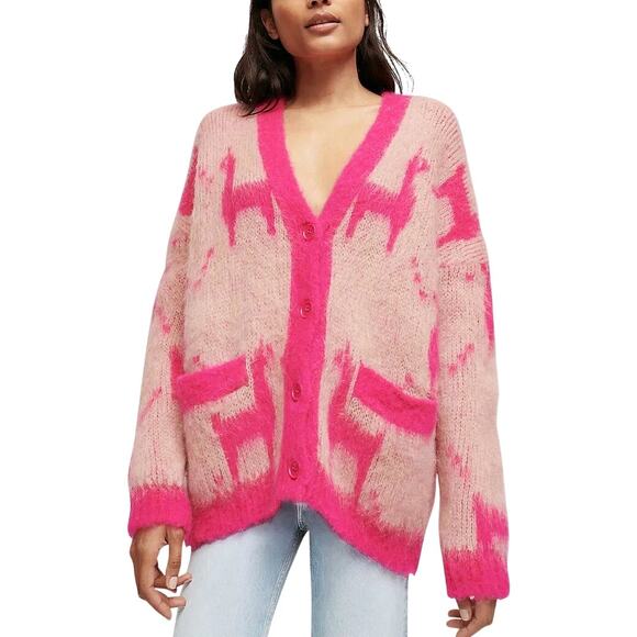 Maje Sweaters - Maje Mylama Graphic-Pattern Knitted Cardigan Pink Womens Size 1 (Small)